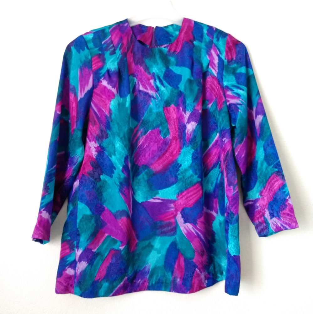 Fun Handmade Blouse Vintage Long Sleeve Back Zip Teal Blue Pink Large Chest 40"